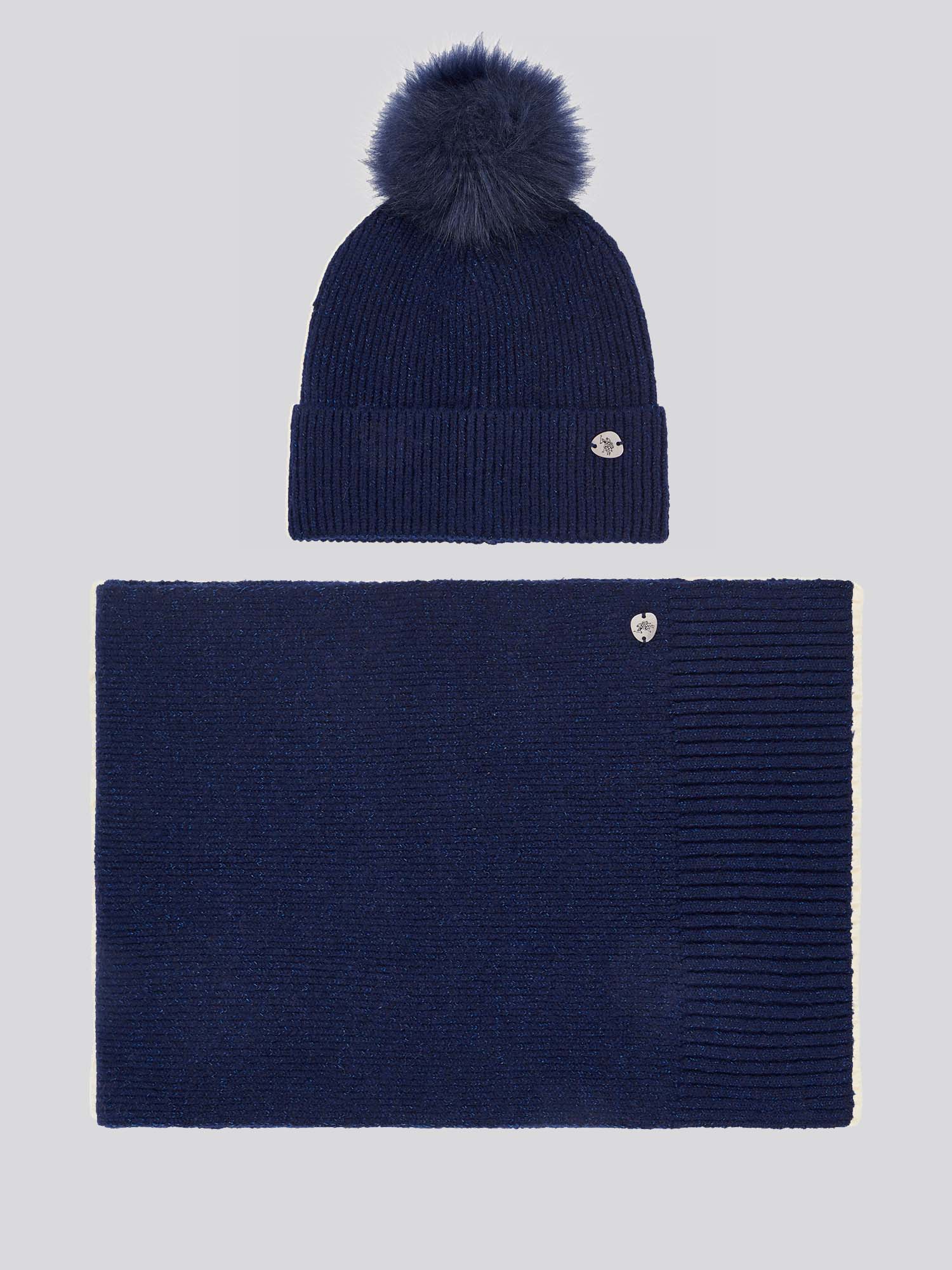 Womens Lurex Cable Beanie & Scarf Set in White / Harbour Mist DHM