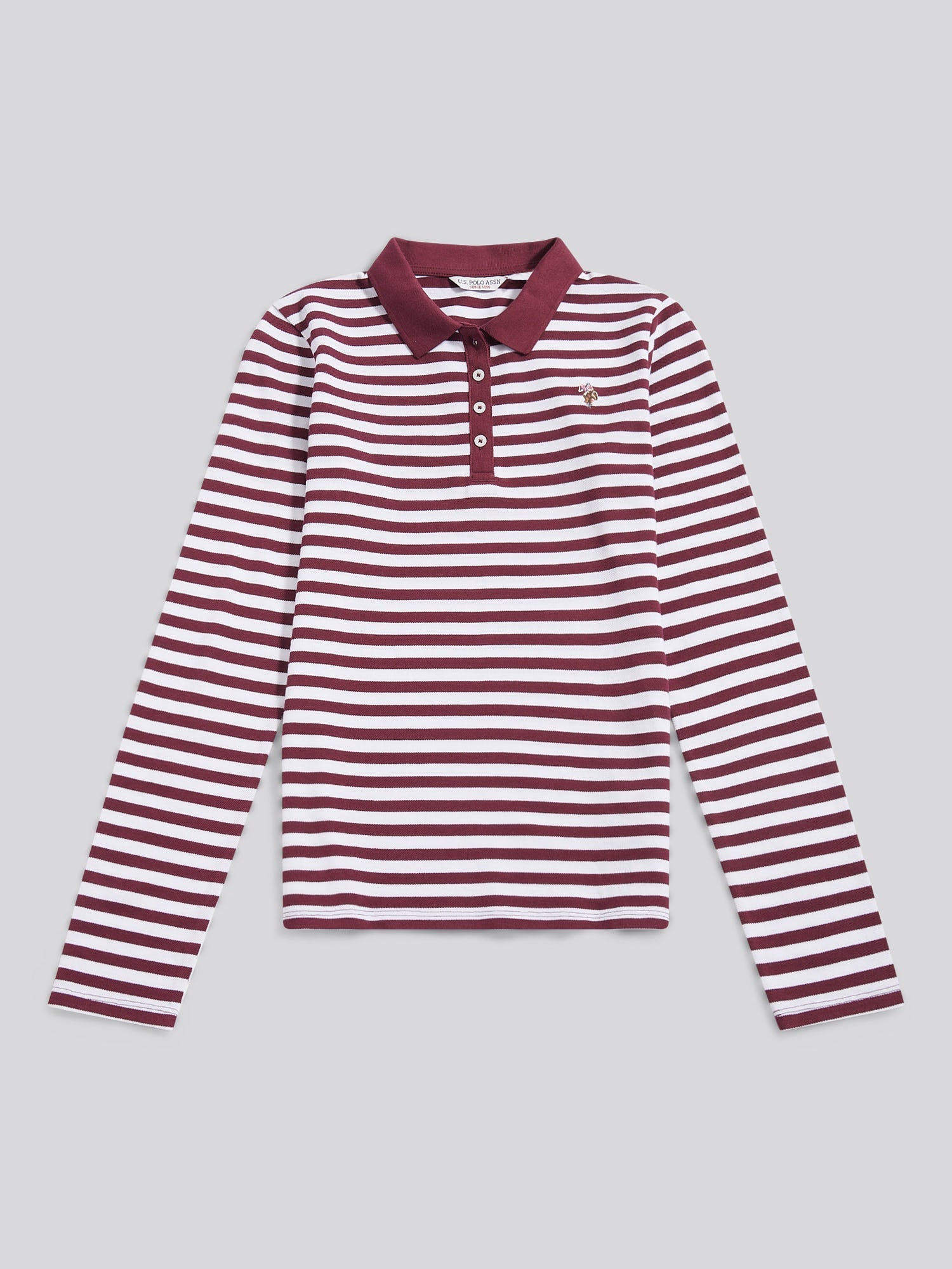 Womens Long Sleeve Stripe Contrast Collar Polo Shirt in Fig