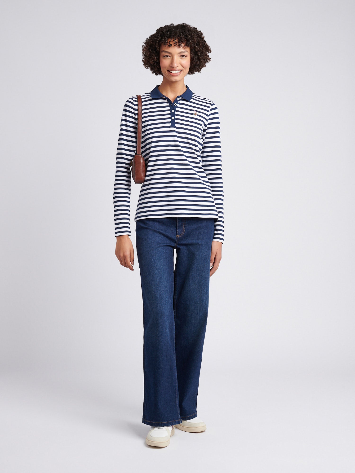 Womens Long Sleeve Stripe Contrast Collar Polo Shirt in Navy Iris