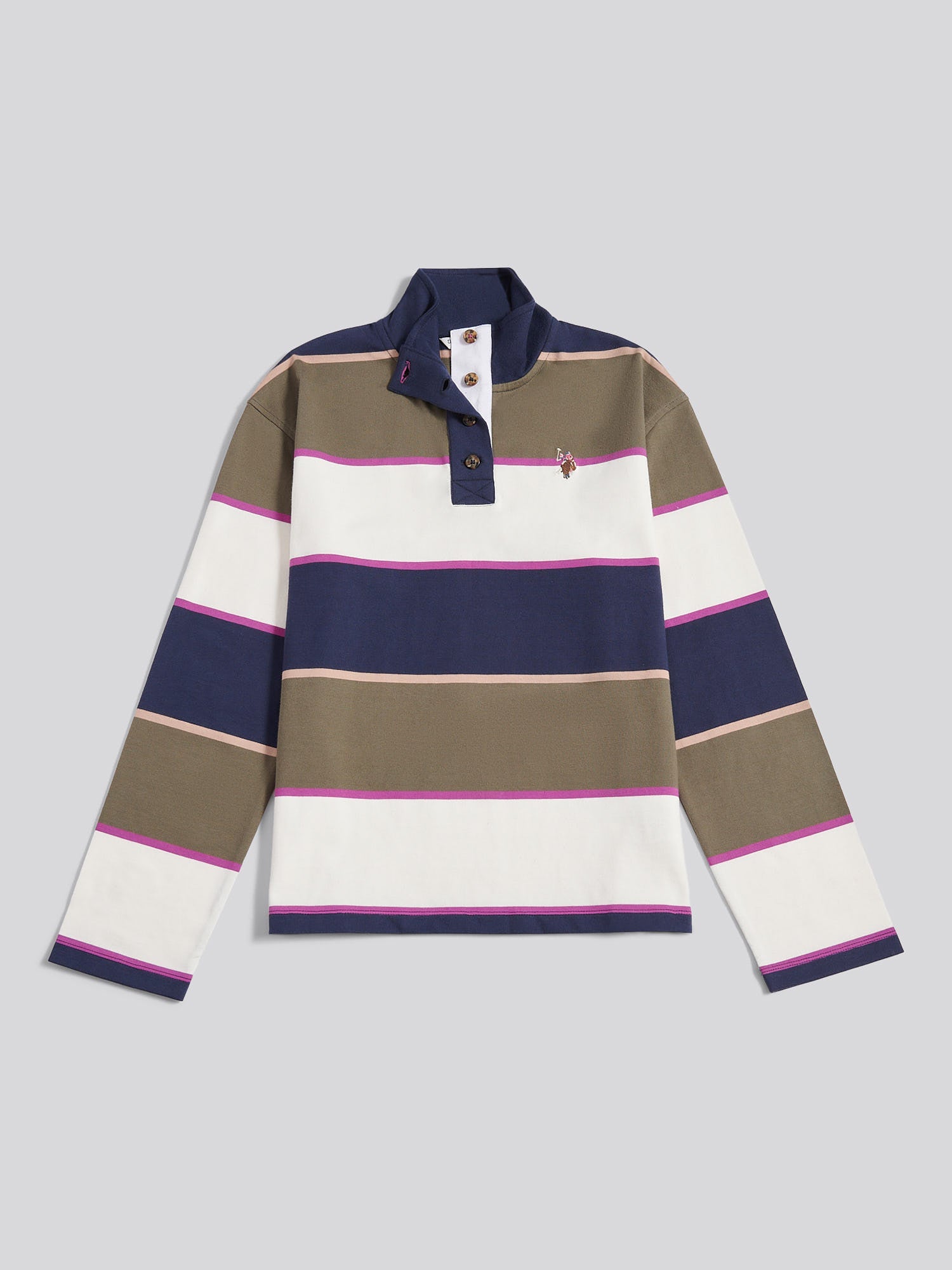 Womens Large Stripe Funnel Neck Rugby Shirt in Kalamata Green