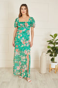 Yumi Green Recycled Floral Print Square Neck Maxi Dress With Split Hemline