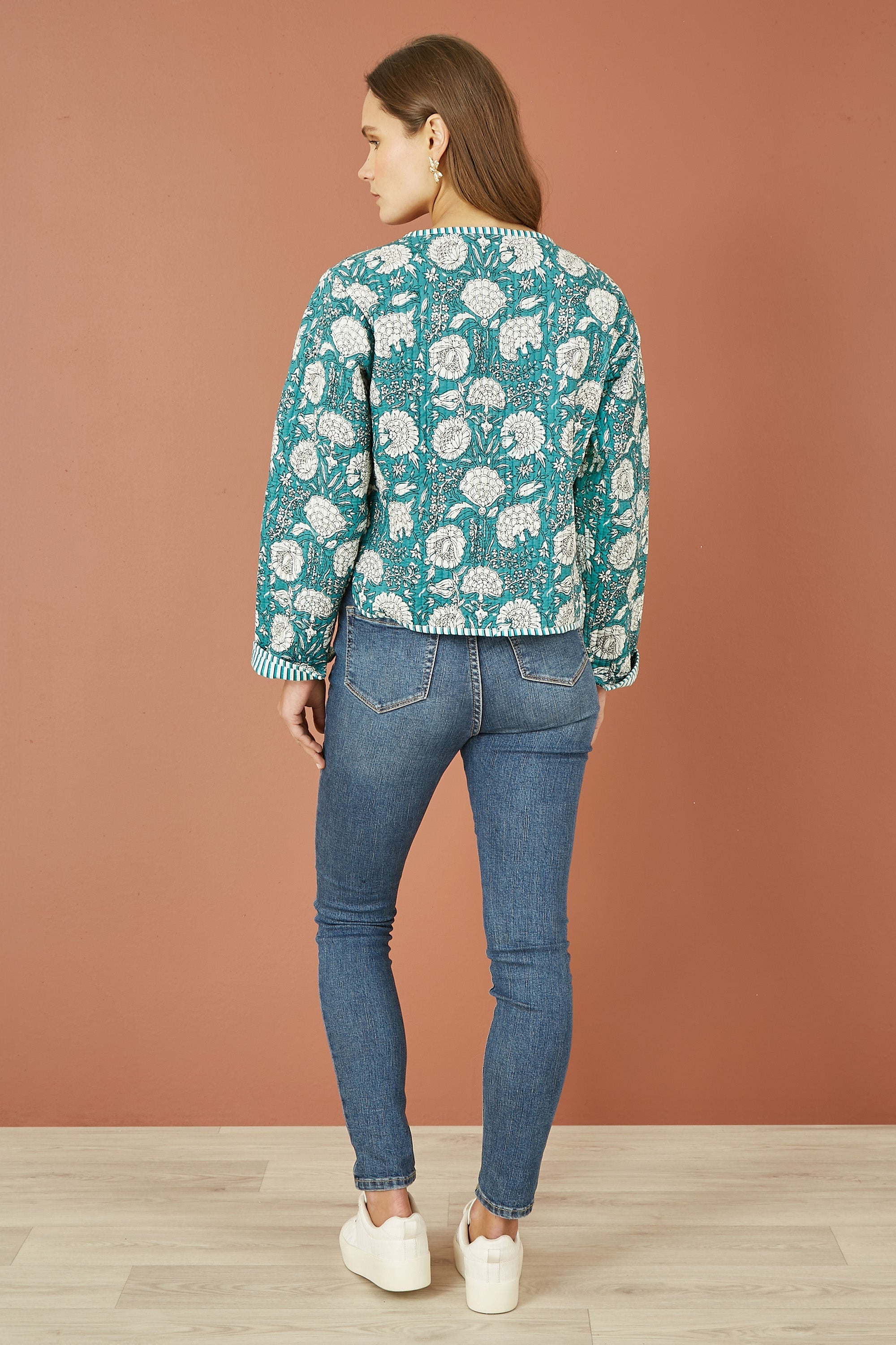 Yumi Green Patchwork Print Reversible Cotton Quilted Jacket