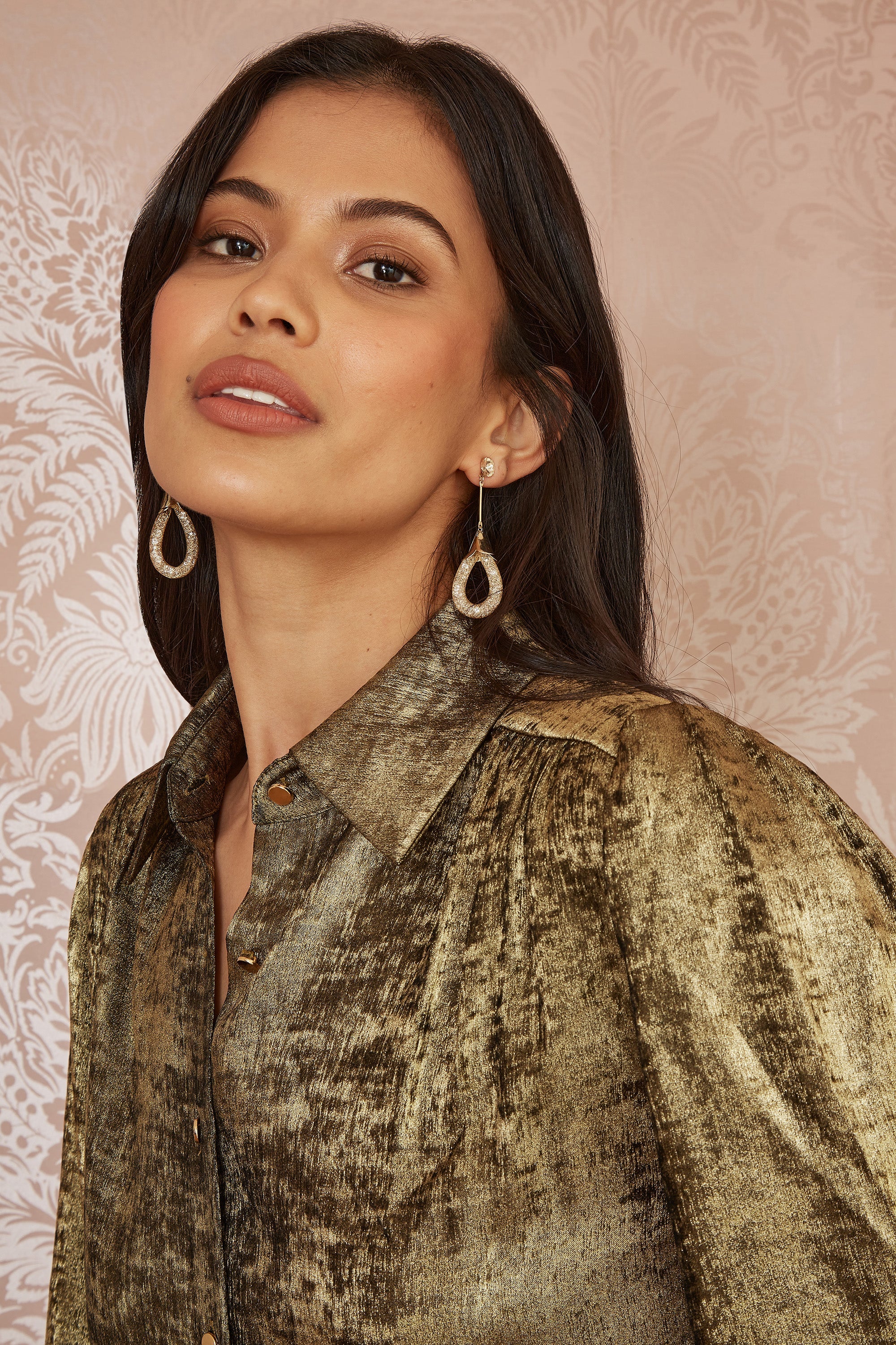 Yumi Gold Metallic Relaxed Balloon Sleeve Shirt
