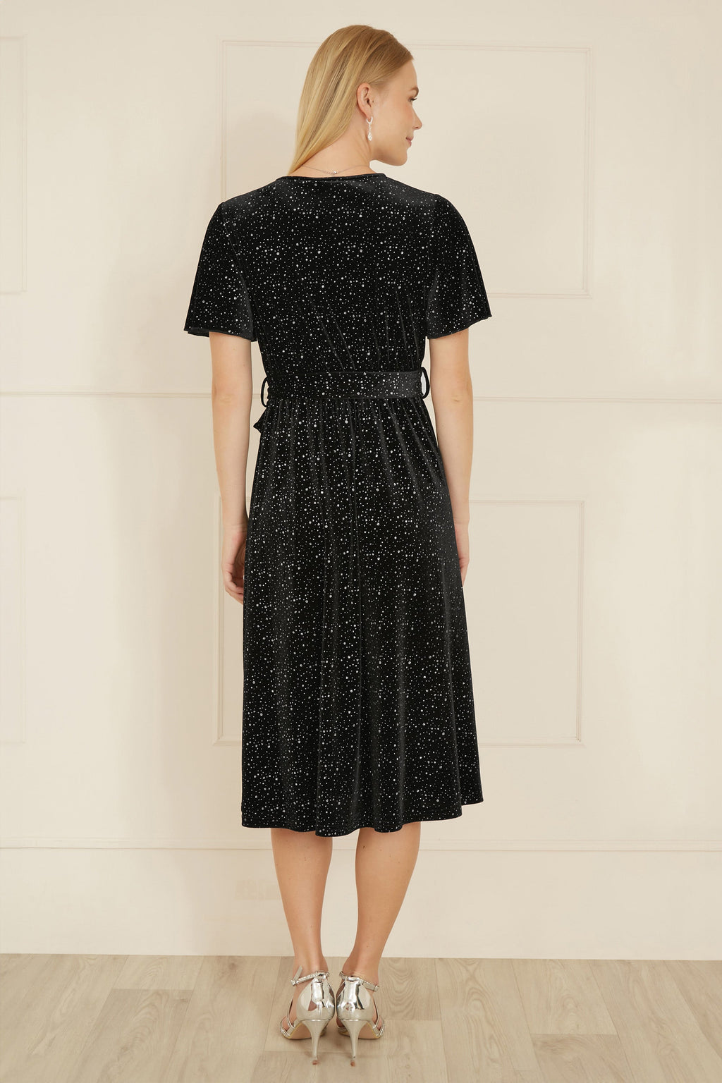 Yumi Black Velvet Sparkle Wrap Midi Dress