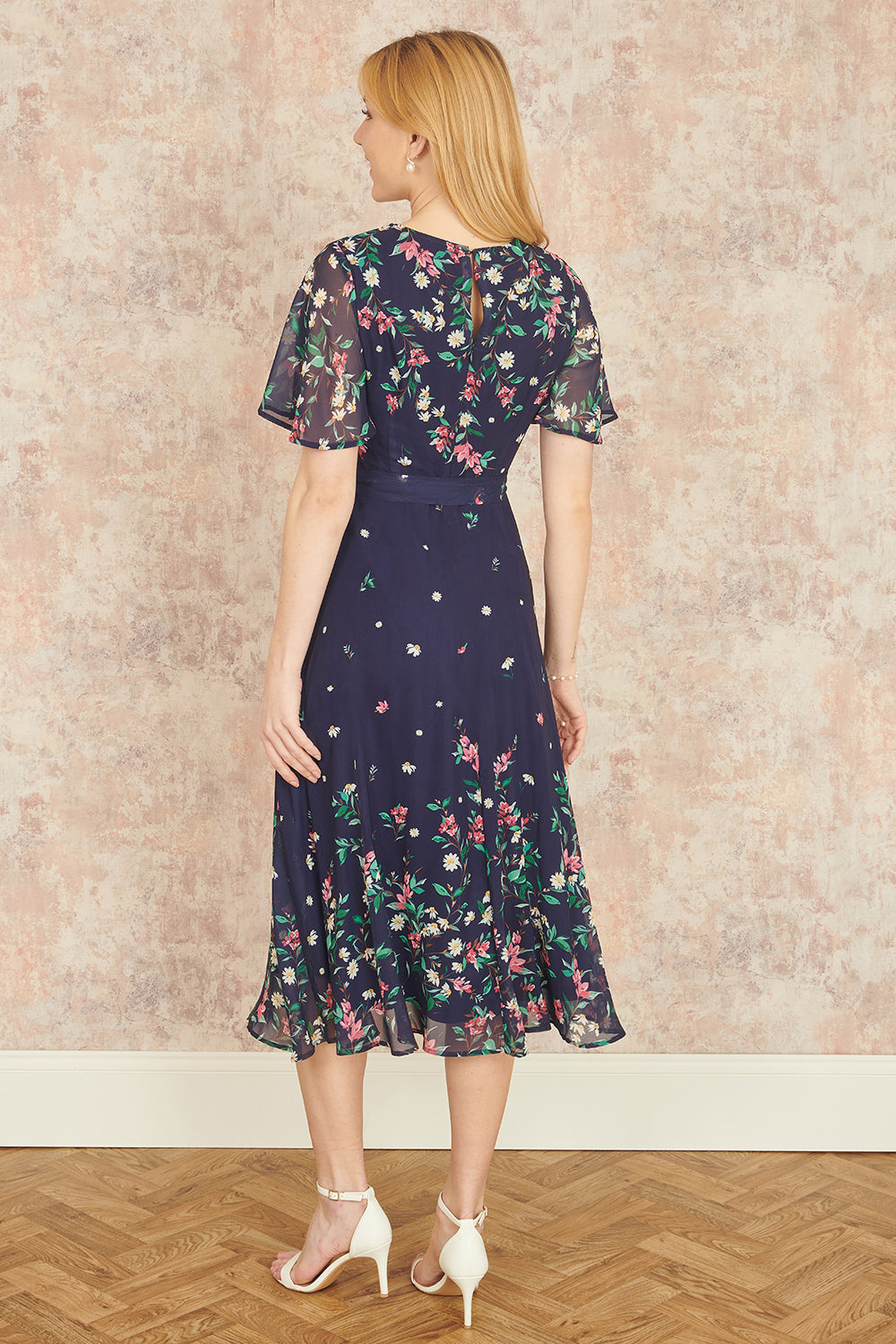 Yumi Navy Daisy Mirror Placement Skater Dress With Angel Sleeves