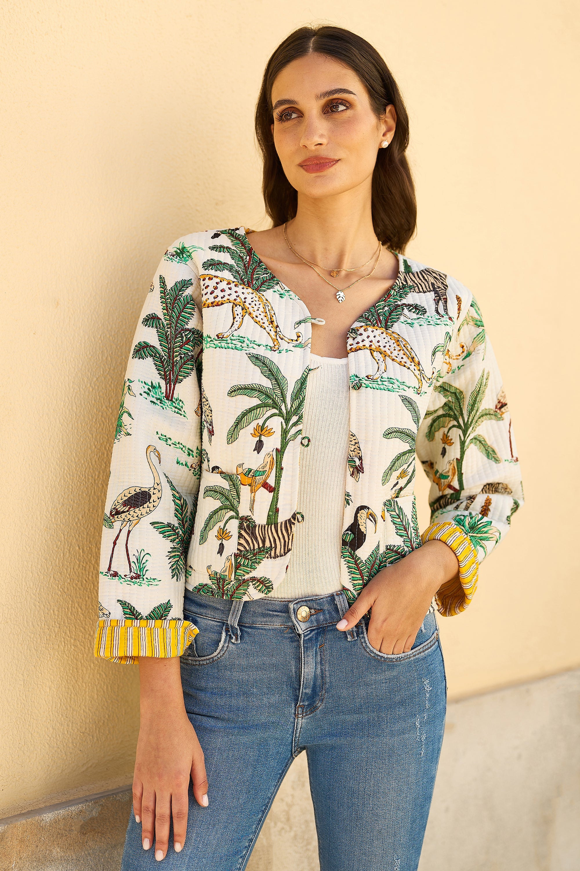 Yumi White Animal Reversible Cotton Quilted Jacket