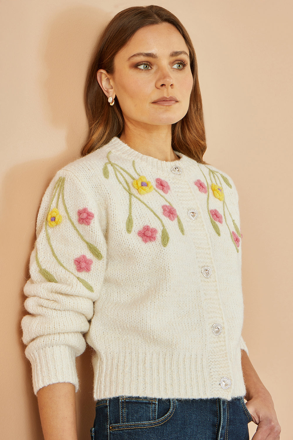 Yumi Beige Flower Embroidered Chunky Knit Cardigan