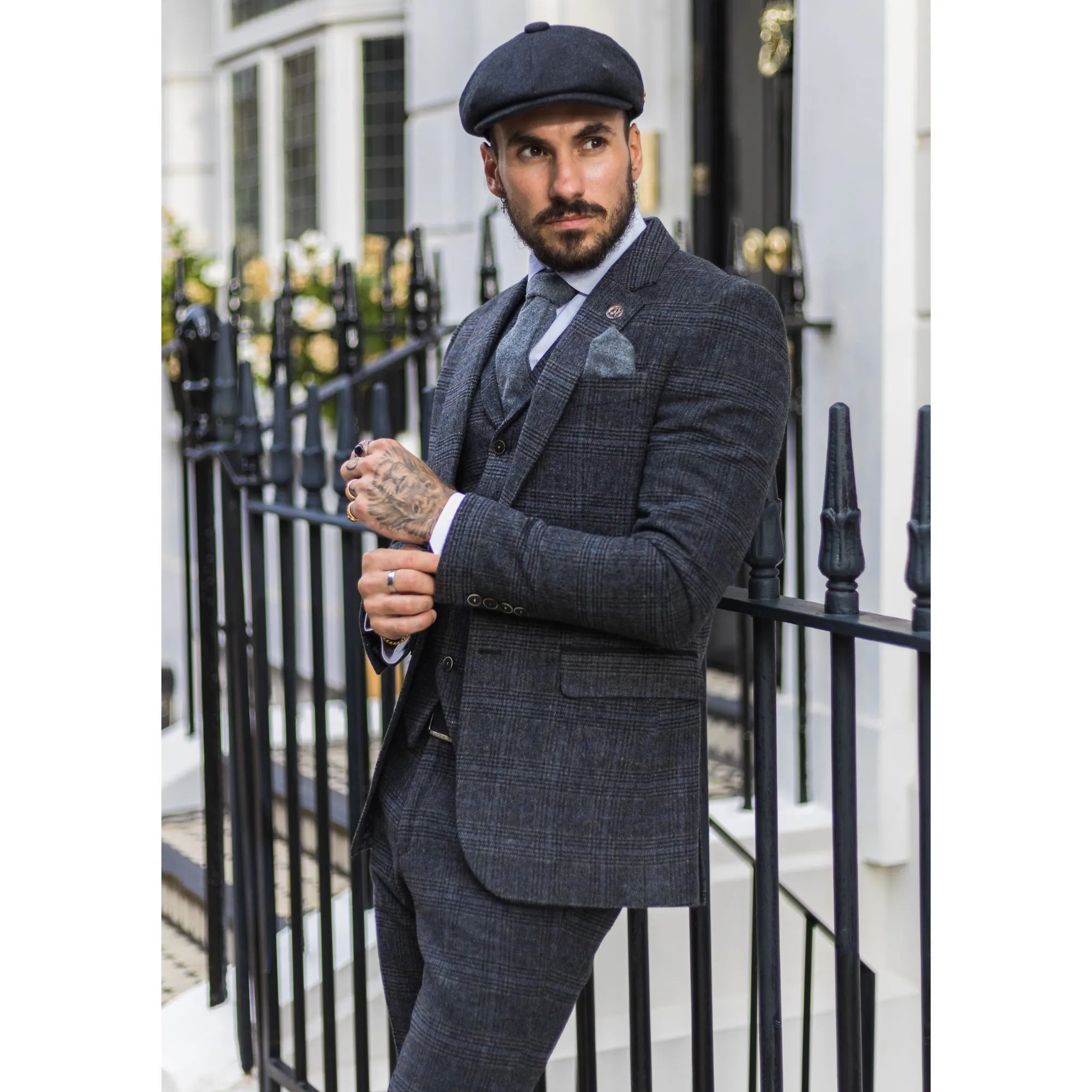 AK-12 - Men's Grey Tweed 3 Piece Suit Blue Check 1920s Gatsby Blinders