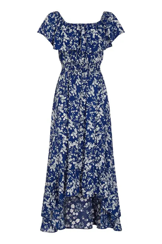 Mela Blue Ditsy Print Bardot Dipped Hem Dress