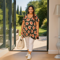 Black Red Floral Hanky Hem Swing Top