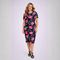 Black Pink Floral Short Sleeve Stretchy Midi Dress