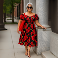 Off Shoulder Black Red Roses Frilled Gypsy Dress